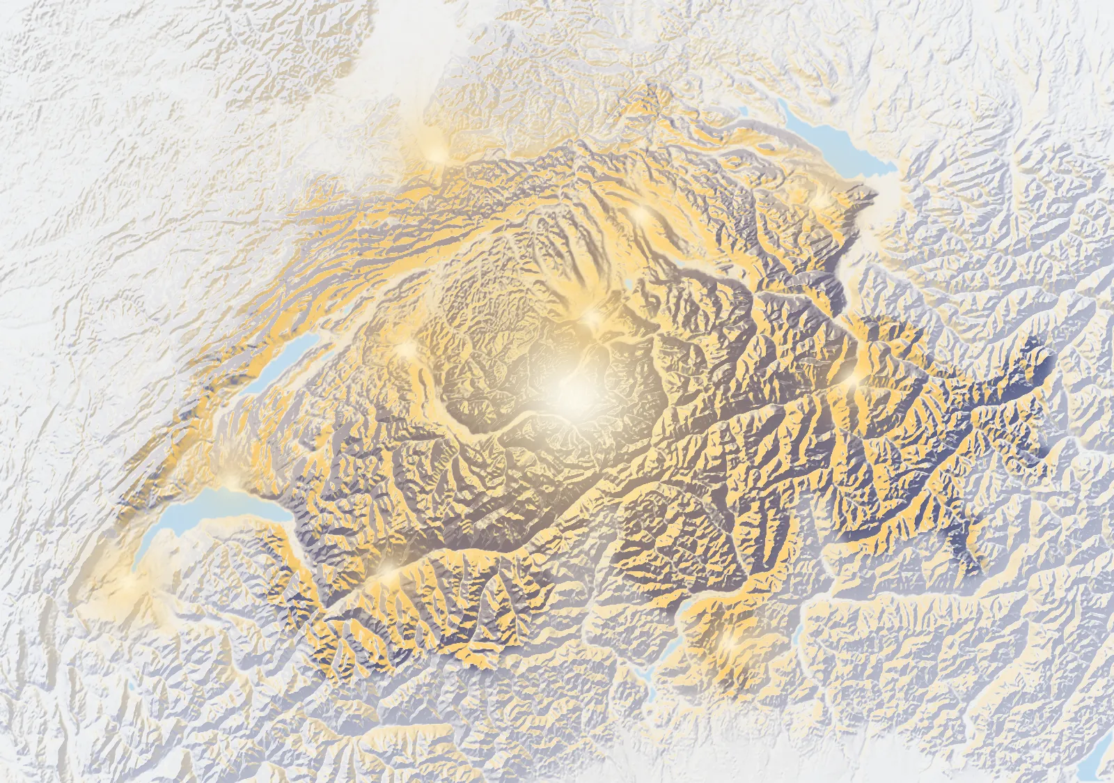 Carte en relief de la Suisse, éclairée par une lumière chaude qui va de ville en ville.
